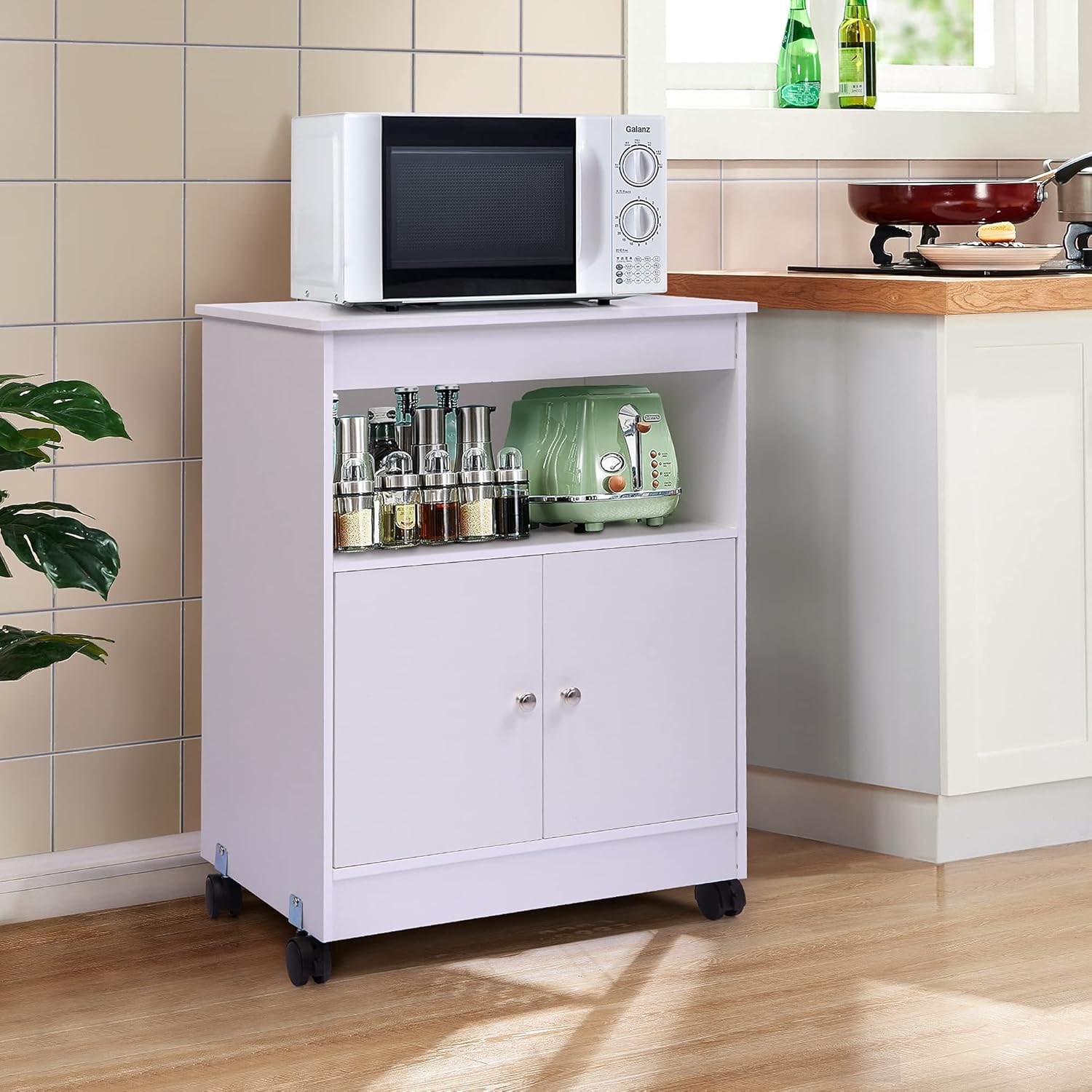 Microwave Cabinet Cart,Microwave Stand Kitchen Cart with Storage, Double Door Cabinet, Open Storage,Top Shelf,White