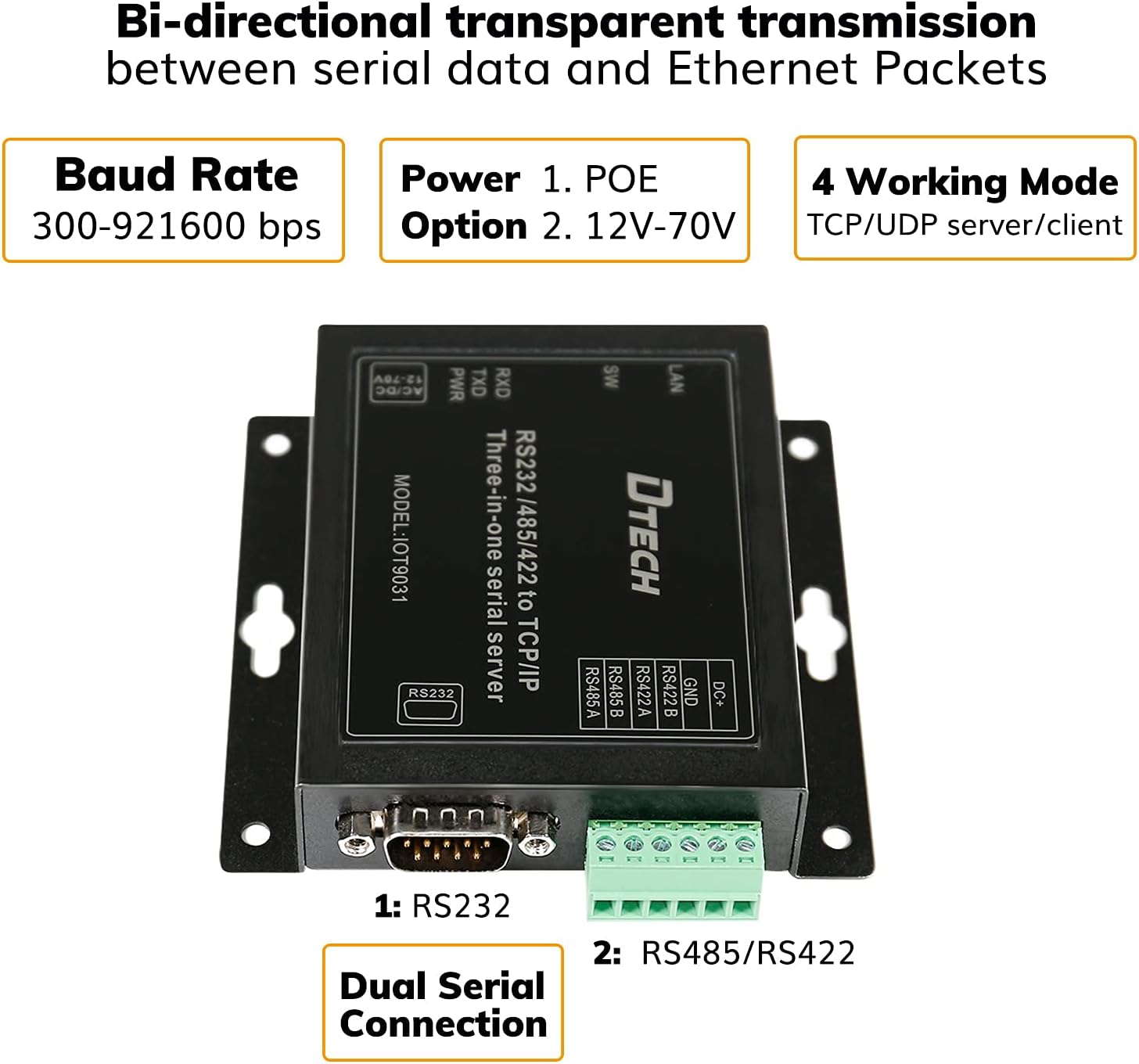 DTECH Serial to Ethernet Converter Adapter RS232 RS422 RS485 to TCP IP Device Server Supports DHCP DNS Modbus RTU/TCP 10/100M Power Over Ethernet POE