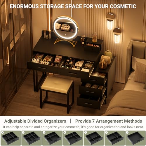 White Vanity Desk with Mirror and Lights, Modern Makeup Vanity Table Set with 6 Storage Drawers and Cushioned Stool for Bedroom