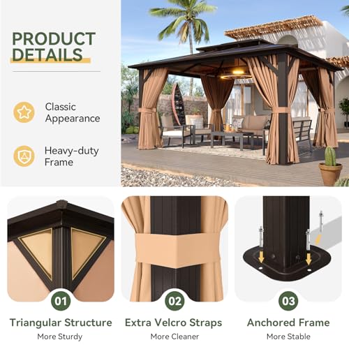 Aoxun 12'x10' Hardtop Gazebo, Aluminum Frame Permanent Pavilion with Curtains and Netting, Outdoor Polycarbonate Double Roof Canopy