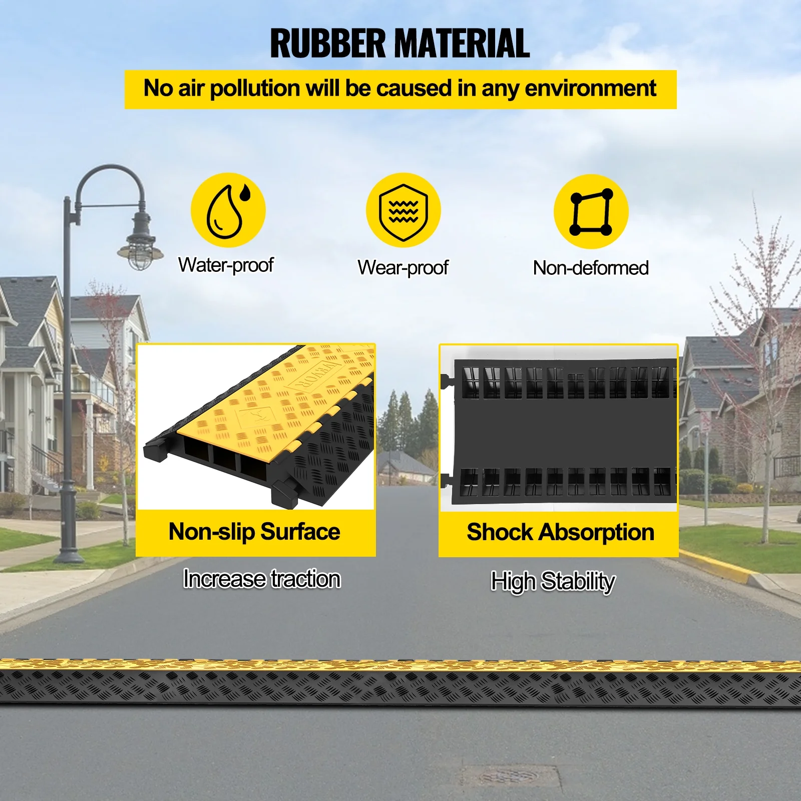 VEVORbrand 3-Channel Rubber Cable Protector Ramp 2 x 2.3 inch Channel Heavy Duty Cable Wire Cord Cover Ramp Speed Bump Driveway Hose Cable Ramp