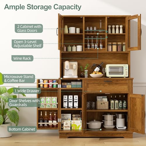Shintenchi Kitchen Pantry Storage Cabinet, Freestanding Buffet Cabinet with Microwave Stand & 4 Door Shelves, Kitchen Hutch with Doors