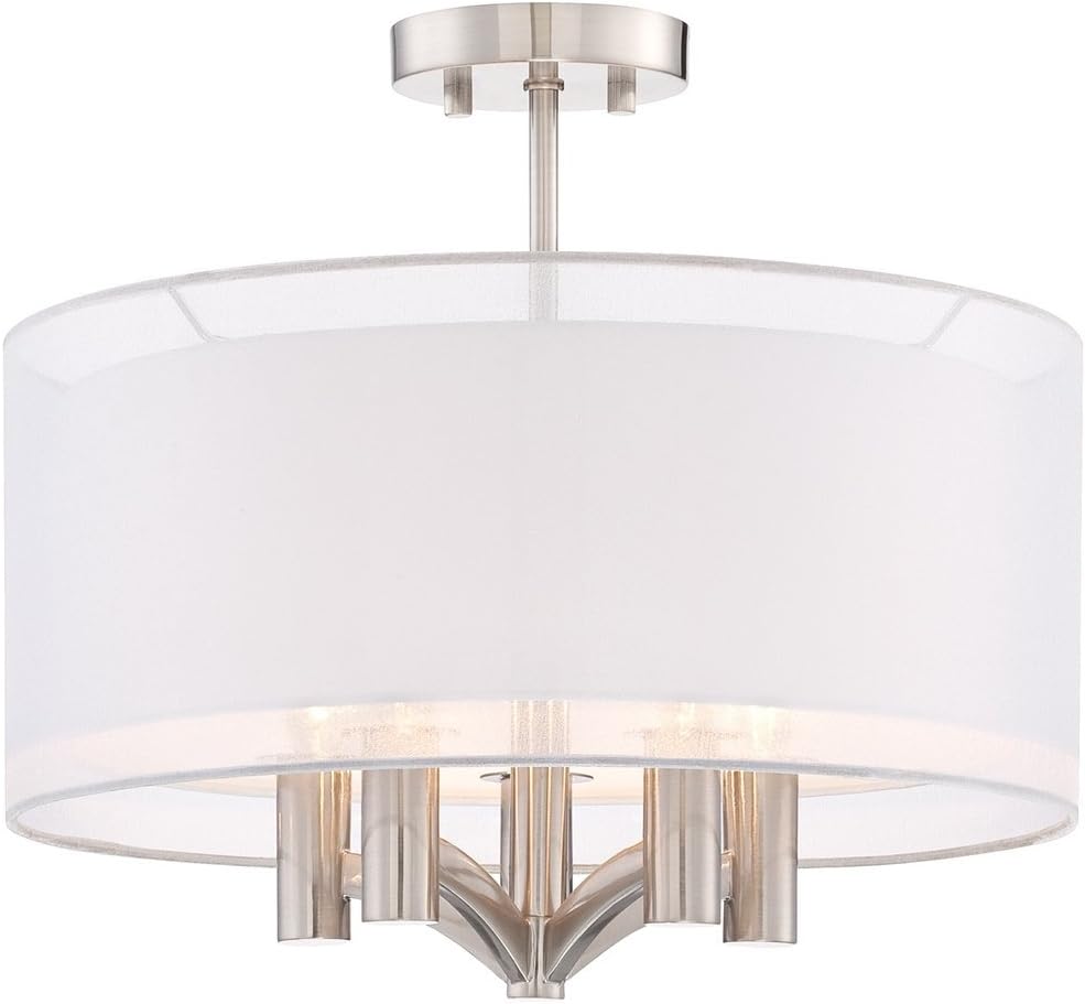 Possini Euro Design Caliari Modern Ceiling Light Semi Flush Mount Fixture Brushed Nickel 18" Wide 5-Light Sheer Silver White Linen Double Drum Shade