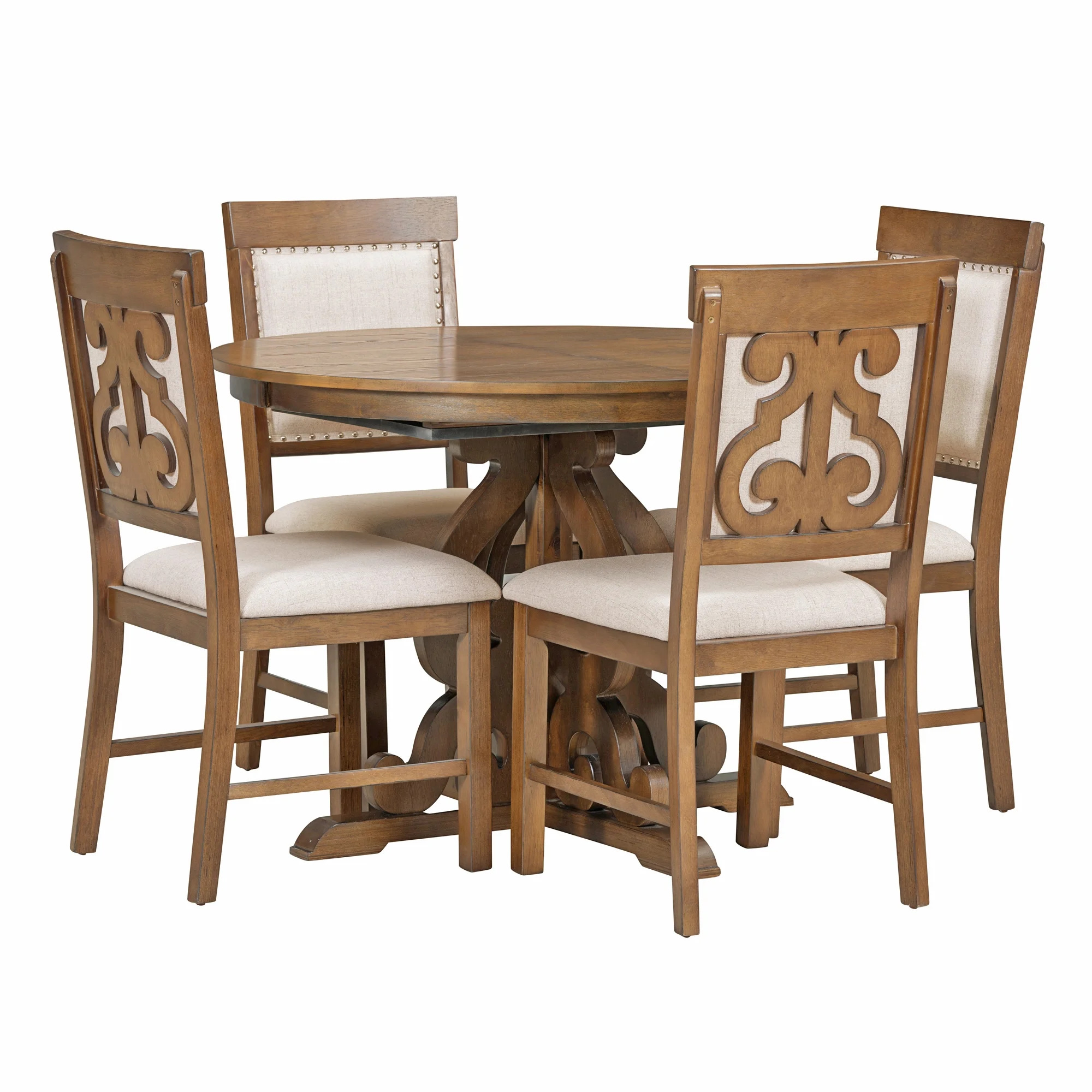 Dining Table Set for 4, Atumon Dining Room Set with Extendable Round Table and 4 Upholstered Dining Chairs