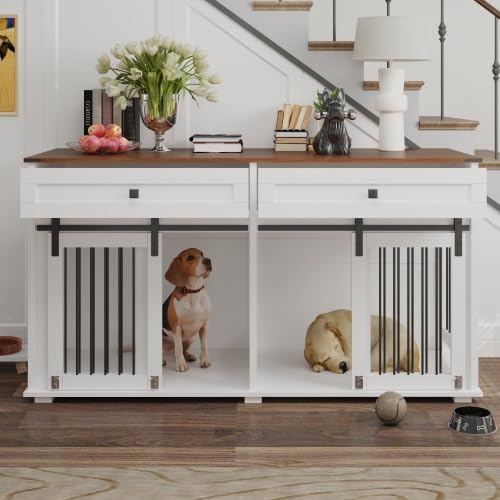 63'' Double Dog Crate Furniture for 2 Dogs, XXL Wooden 2 Dog Kennel, Wooden Dog Kennel with 2 Drawers,Divider and Sliding Door