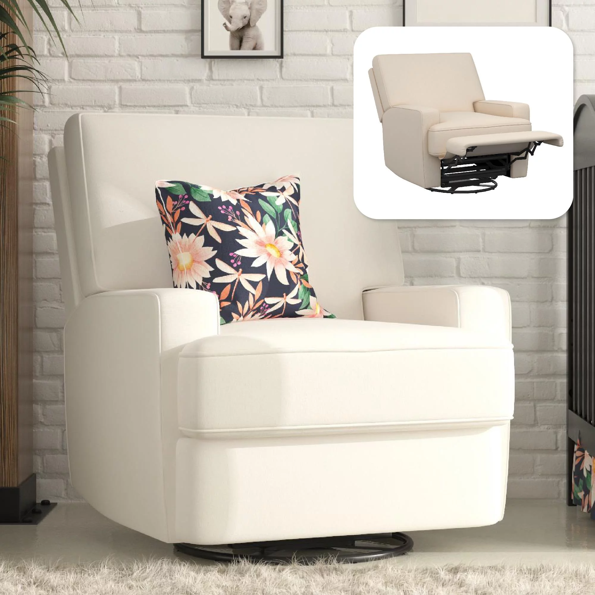 Baby Relax Rylan 4-in-1 Swivel Glider Rocker Recliner Chair, White Linen