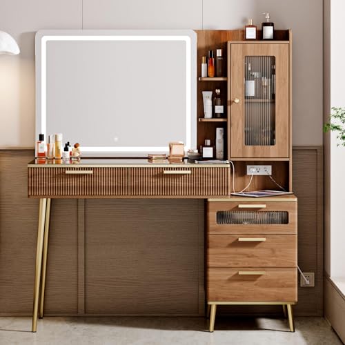 47.24" Big Modern Vanity Desk with Mirror and Lights, Vanity Desk with 29.53" HD Lighted Mirror