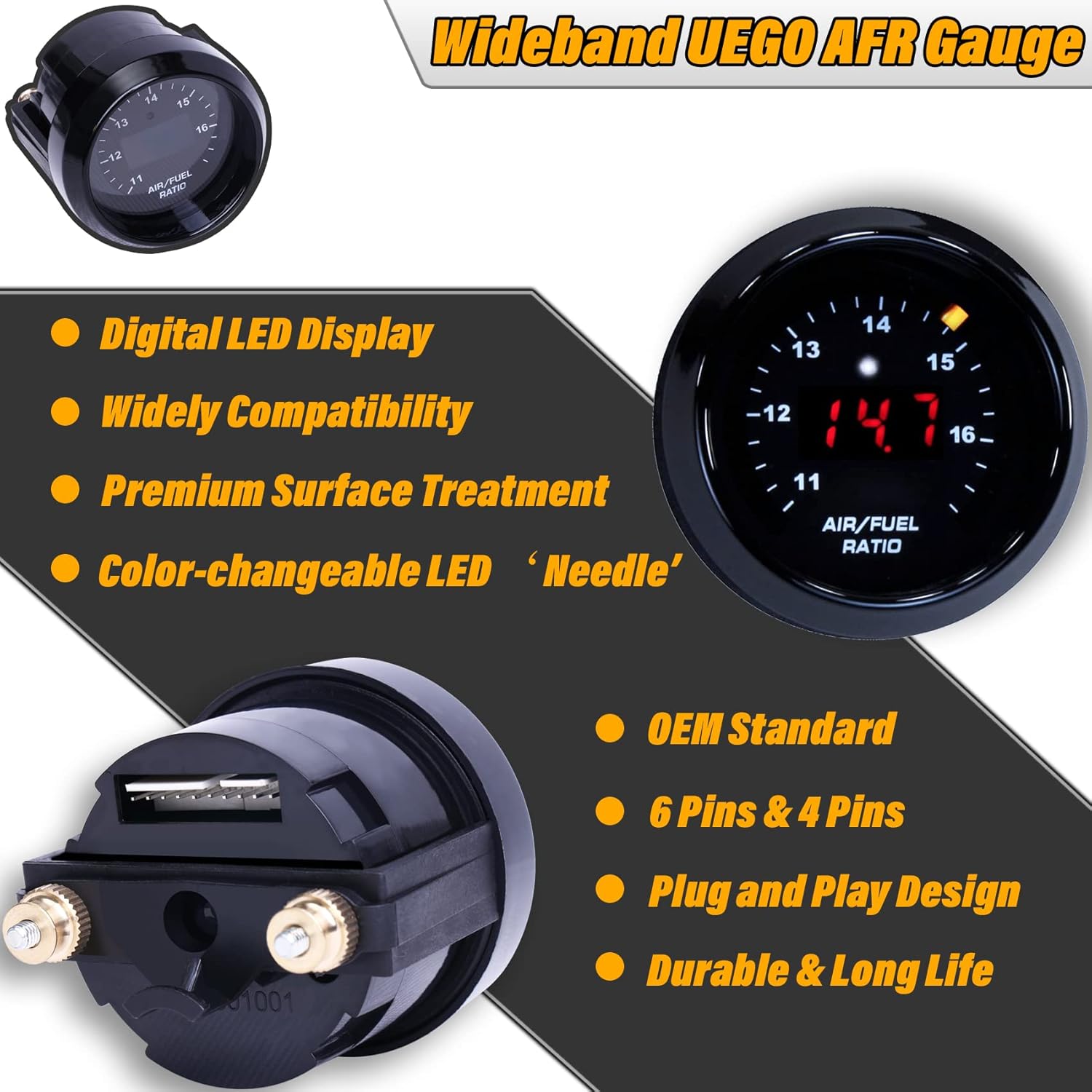 Wideband UEGO Air/Fuel Ratio Gauge 52mm (2-1/16”) with 4.9 LSU Sensor, Digital AFR Controller Gauge