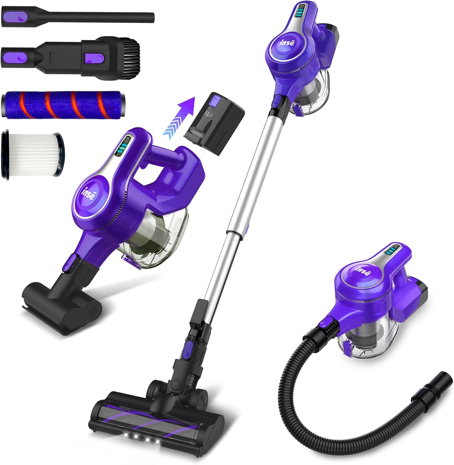 INSE Cordless Vacuum Cleaner, 23Kpa 265W Powerful Suction Stick Vacuum Cleaner, Up to 45min Runtime, Rechargeable Battery Vacuum