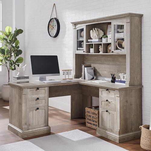 OKD 60" Executive Desk with Drawers, Farmhouse Home Office Desk with Charging Station, Keyboard Tray, File Cabinet Storage