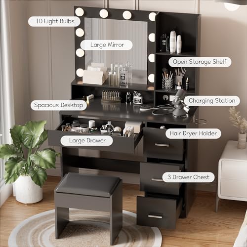 YESHOMY Vanity Desk with Mirror, Power Outlet and 10 Lights, Makeup Table with 4 Drawers, 3 Color Modes Available for Bedroom, White