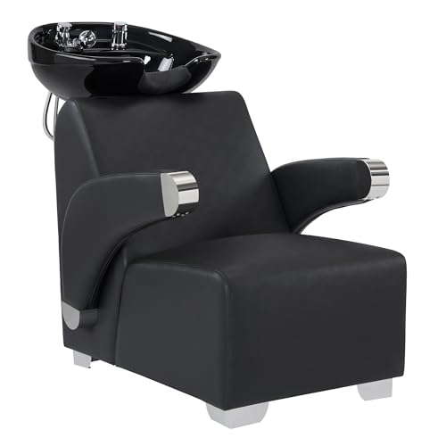 BarberPub Ceramic Bowl Backwash Shampoo Chair, Adjustable Modern Shampoo Sink Chair, Hair Washing Station for Professional Shampoo Barbershop