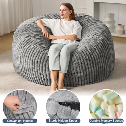 Hobestluk 5ft Bean Bag Chairs for Adults Large Beanbag Chair with Stripe Plush Cover Big Bean Bag Chair for Living Room Bedroom Dorm Office -Black