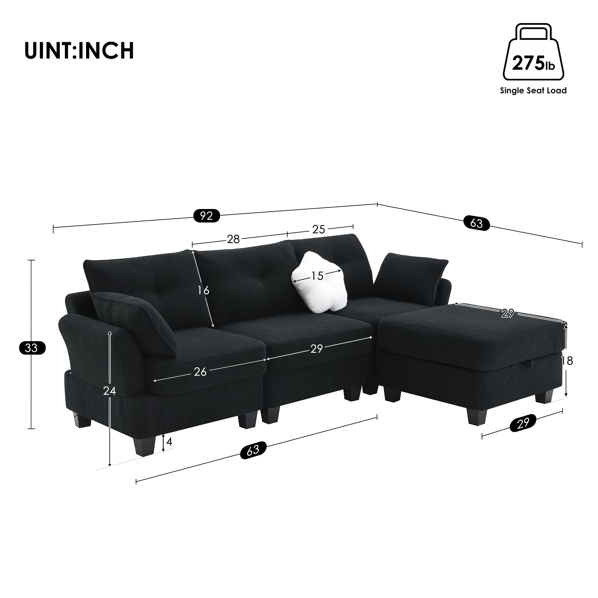 Fayen Velvet Sectional Sofa with Storage Ottoman - Black