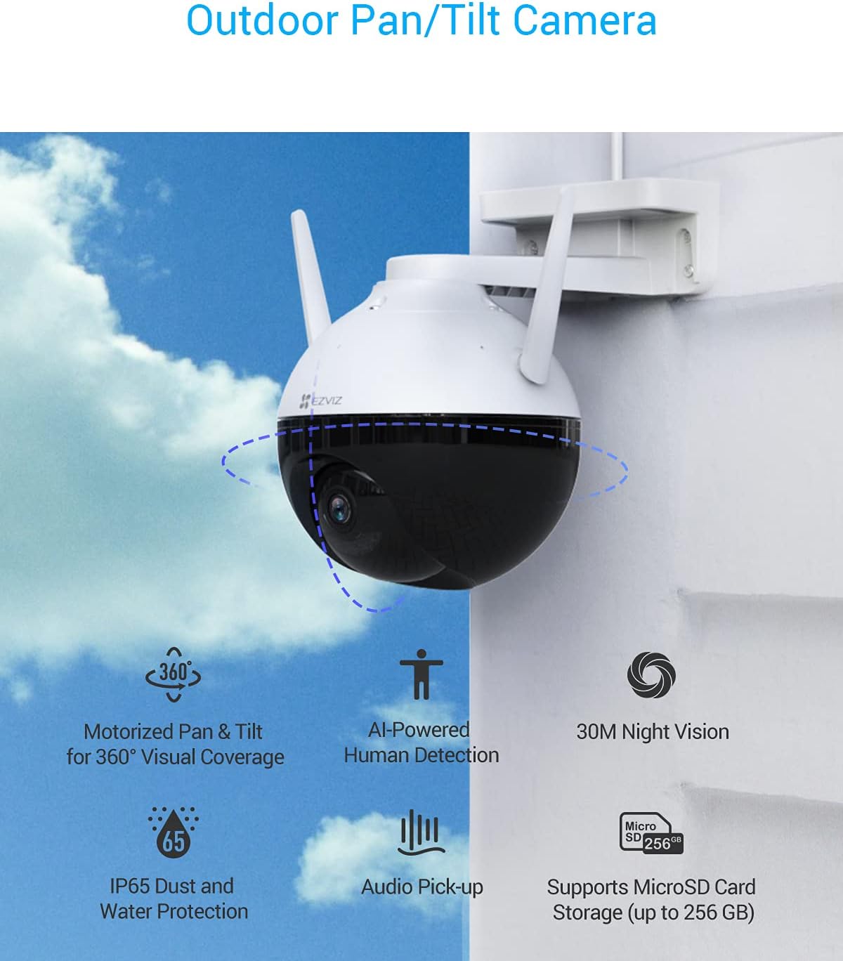 EZVIZ Security Outdoor PT Camera, 1080P, 360° Rotation View, 100ft Night Vision, Pan/Tilt/Digital Zoom, H.265 Video Compression, Waterproof