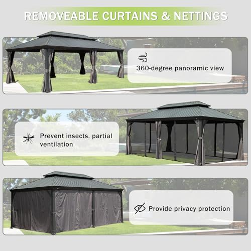 Domi 10’ x 10’ Hardtop Gazebo Metal Frame Canopy with Netting & Curtains