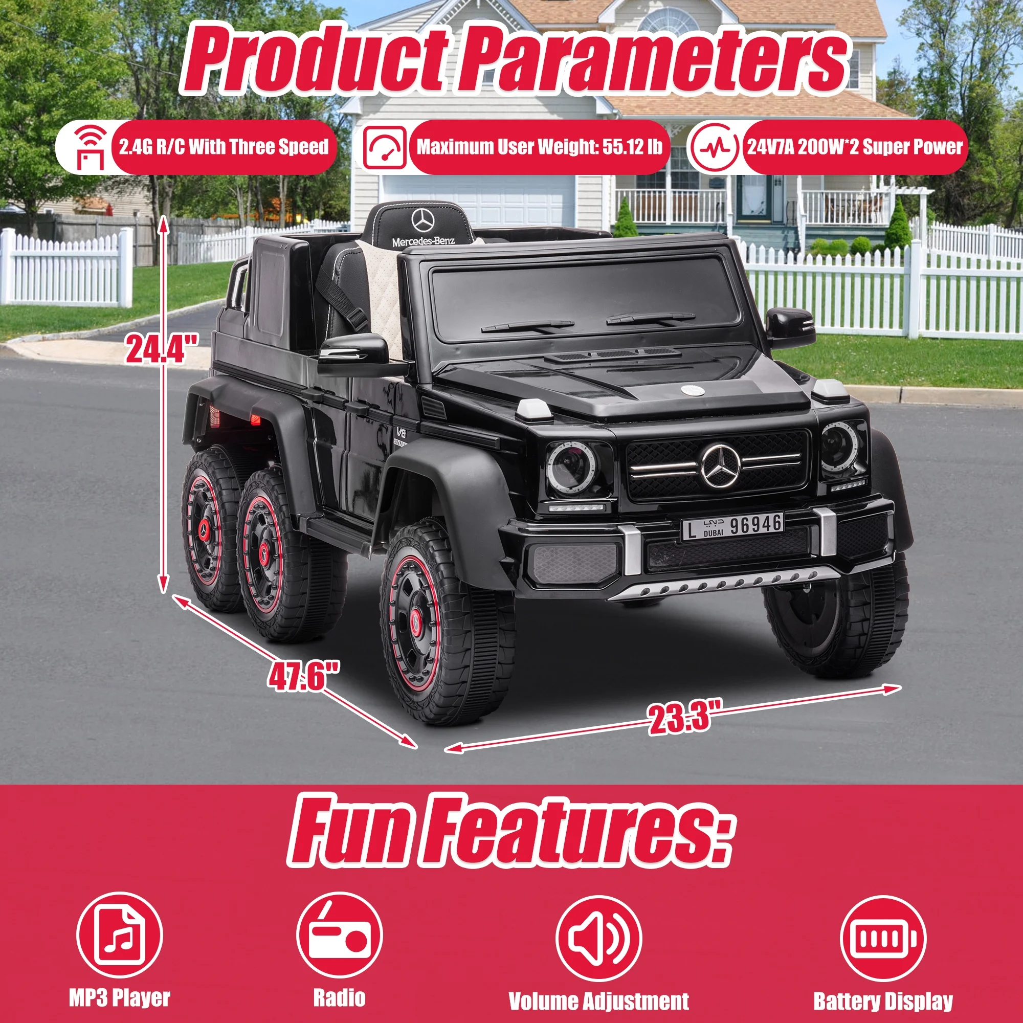 COCLUB 24V Powered Ride On Cars, Licensed Mercedes Benz G63 Car Vehicles with Remote Control, MP3 Player, Soft Seat, 6 Wheels Drive