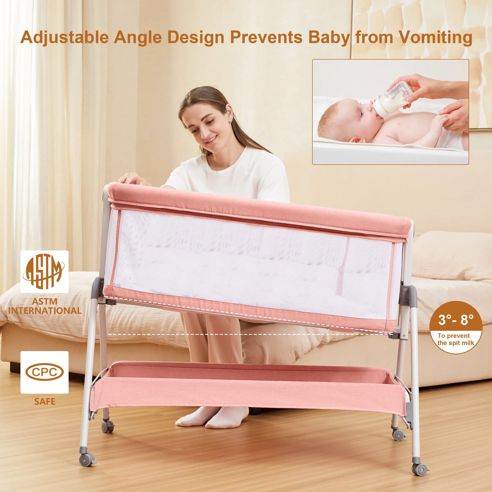 ANGELBLISS Flat Bedside Bassinet with Storage Basket, Easy Folding Portable Crib with Wheels, Included Breathable Mesh