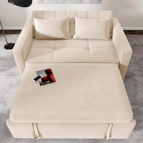 DWVO 55" Convertible Sofa Bed, 3-in-1 Sleeper Sofa with Pull-Out Bed, Linen Futon Couch with Adjustable Backrest and Side Pocket