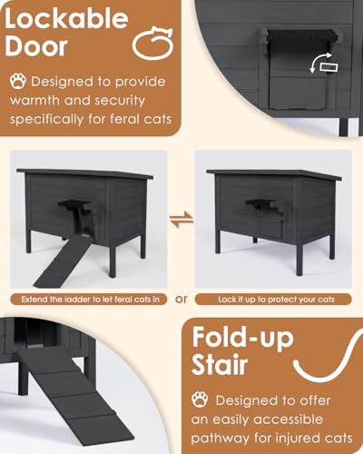 Ivy&Lane Outdoor-Cat-House | Insulated-Feral-Cat-Shelter | Weatherproof | for Winter | Foam & Wood | Large | for Multiple Cats | Fold-up Stair |