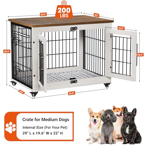 Lulive Dog Crate Furniture for Medium Dogs, 32'' Dog Kennel Indoor with Cushion & Wheels Wooden Dog Cage Double Doors Dog Crate End Table, Grey