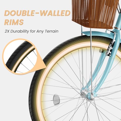 MOONCOOL Womens Bike 7 Speed, 24 26 inch Beach Cruiser Bikes for Women, Step Through Adult Bicycle with Front Basket for City Commuting