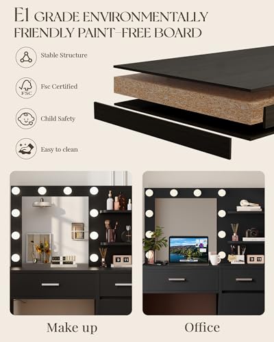 Vanity Desk with Mirror and Lights, Makeup Vanity with Drawer & Storage Shelves, Cabinet, 3 Lighting Modes Adjustable Brightness