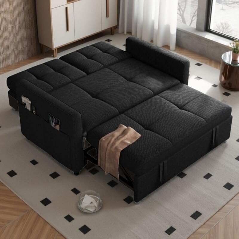 DWVO 55" Convertible Sofa Bed, 3-in-1 Sleeper Sofa with Pull-Out Bed, Linen Futon Couch with Adjustable Backrest and Side Pocket