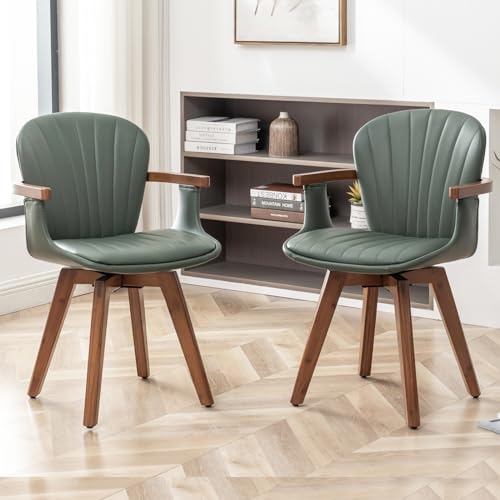 LUNLING Swivel Dining Chairs Set of 2, Mid Century Modern Gray Fabric+Faux Leather Kitchen Chairs with Arms,Bamboo Legs Side Chairs No Wheels