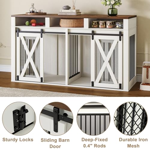 63" Large Dog Crate Furniture for 2 Dogs, Farmhouse Style Dog Cage TV Stand with Sliding Door