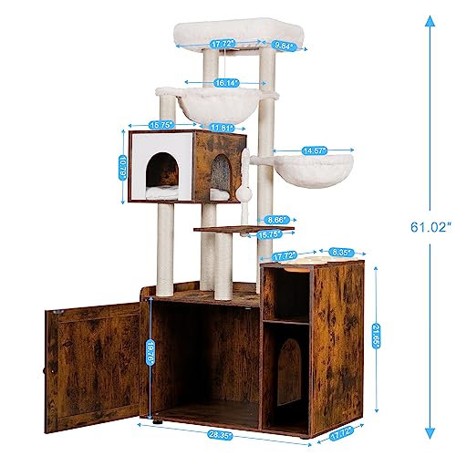 Hey-brother Cat Tree with XL Litter Box Enclosure, All-in-one Cat Tower for Indoor Cats with Large Hammock, Bed, Food Station, Scratching Posts
