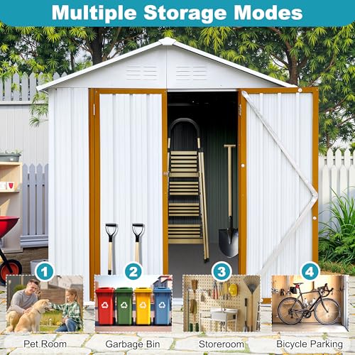 8x6 FT Outdoor Storage Shed, Metal Tool Shed with Lockable Doors, Peaked Roof & Frame Floor