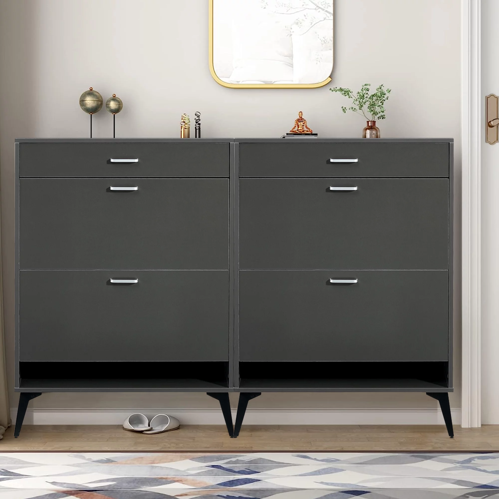 Sesslife Shoe Cabinet with 2 Flip Drawers, Modern 20 Pair Shoe Rack Organizer, Freestanding Tipping Bucket Shoe Storage Cabinet for Entryway, Gray