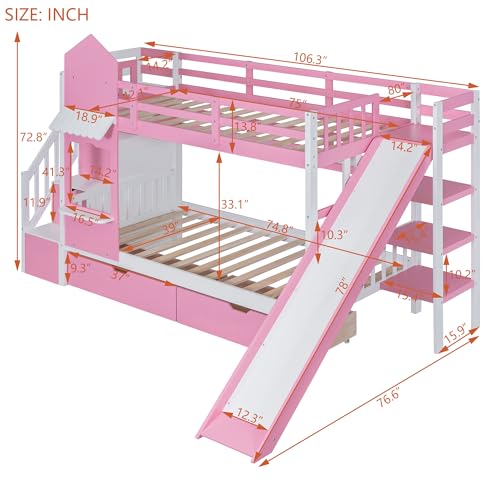 SOFTSEA Twin Over Twin Bunk Bed with Slide and Storage Solid Wood Bunk Bed Frame with Staircase and Drawers, Pink