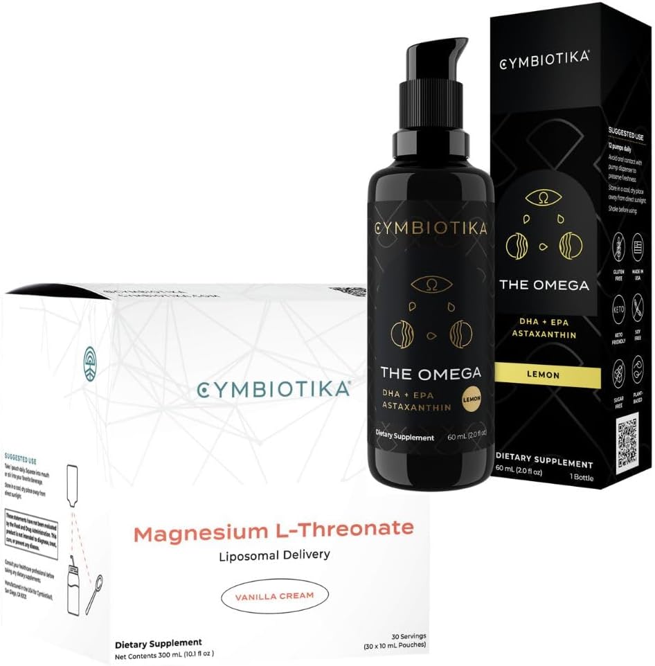 CYMBIOTIKA Liposomal Magnesium L-Threonate & DHA Vegan Omega 3 Bundle, Focus Memory Brain Support, Magnesium Supplement for Sleep, High Absorption
