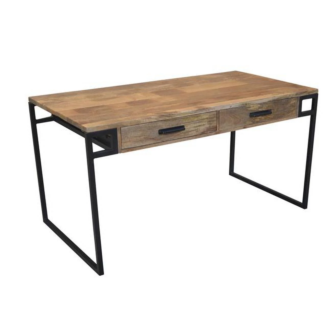 HomeRoots 489179 60 in. Natural, Black & Mango Solid Wood Writing Desk with Two Drawers