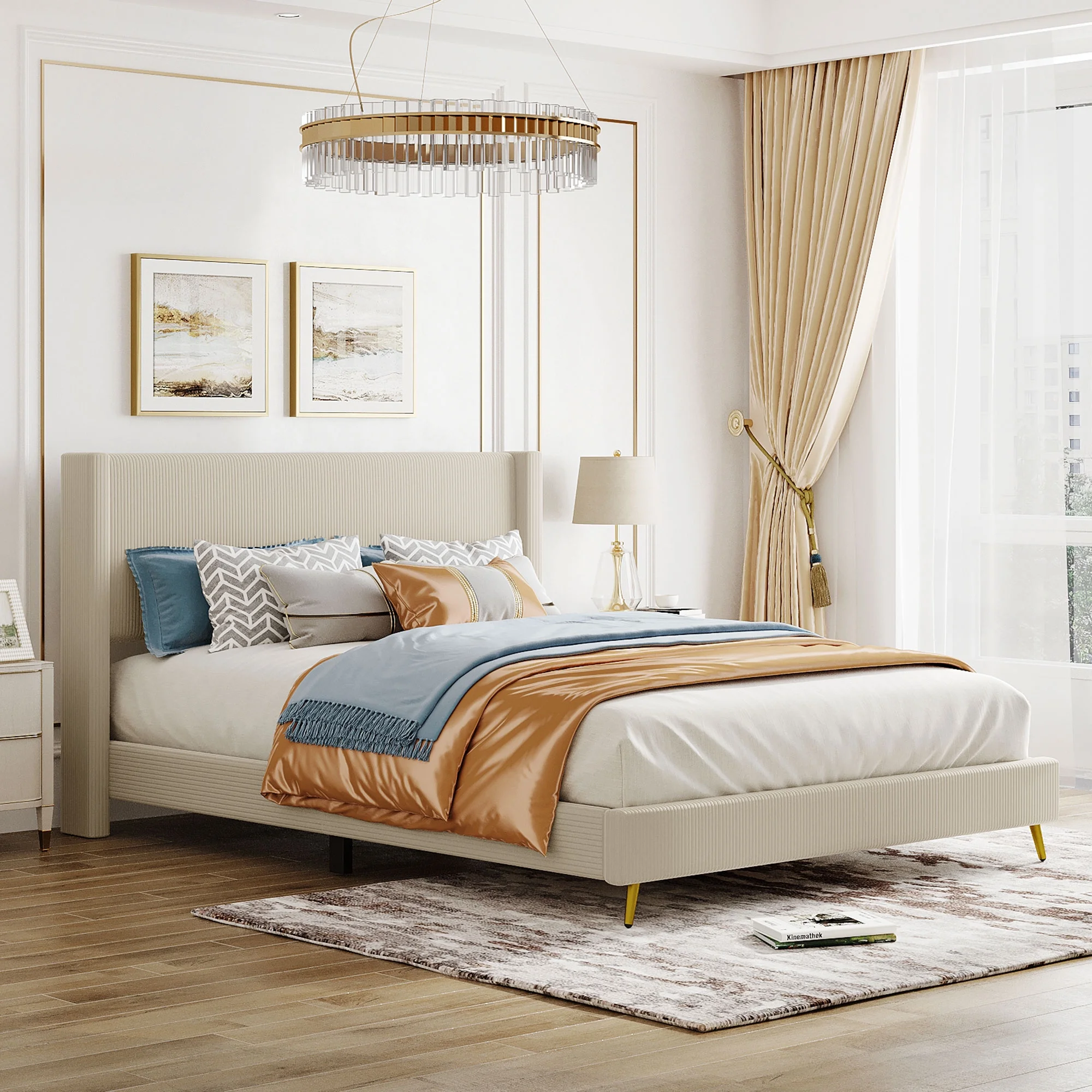 Morden Corduroy Upholstered Queen Bed Frame with Upholstered Headboard No Box Spring Needed Wood Low Profile Platform Bed with Metal Legs