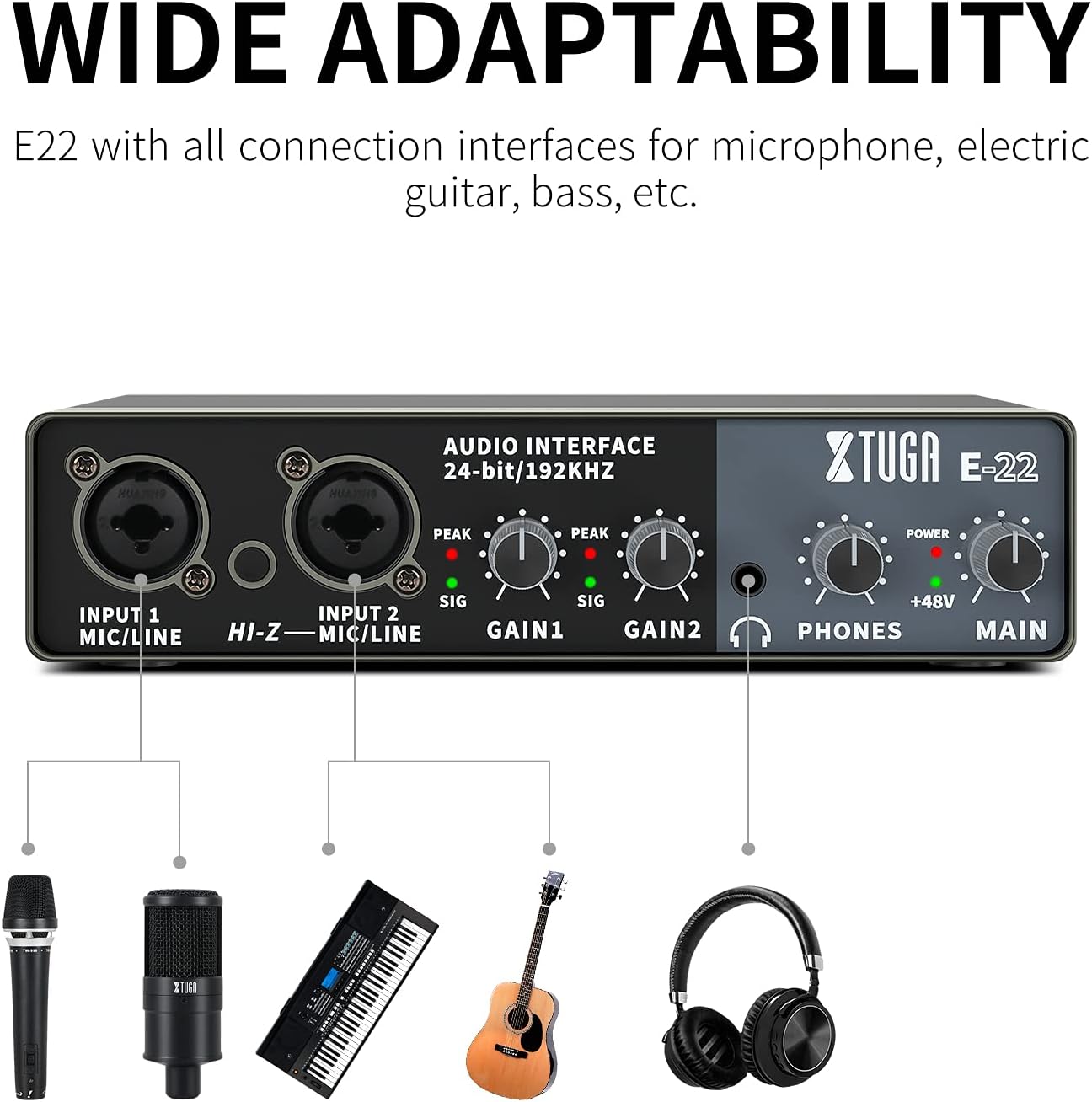 XTUGA E22 2i2 USB Audio Interface with XLR Mic Preamplifier 192kHz True Stereo for Pro Tools/Ableton Live Lite/Reaper and Other DAW Recording