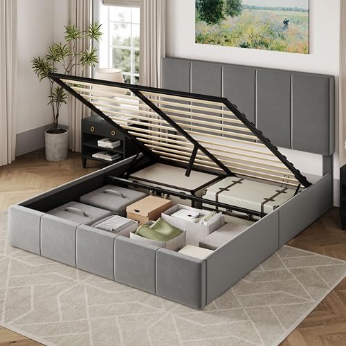 Allewie Queen Size Velvet Lift Up Storage Bed Frame, Vertical Channel Tufted Headboard, Hydrualic Underneath Storage, Upholstered Platform Bed