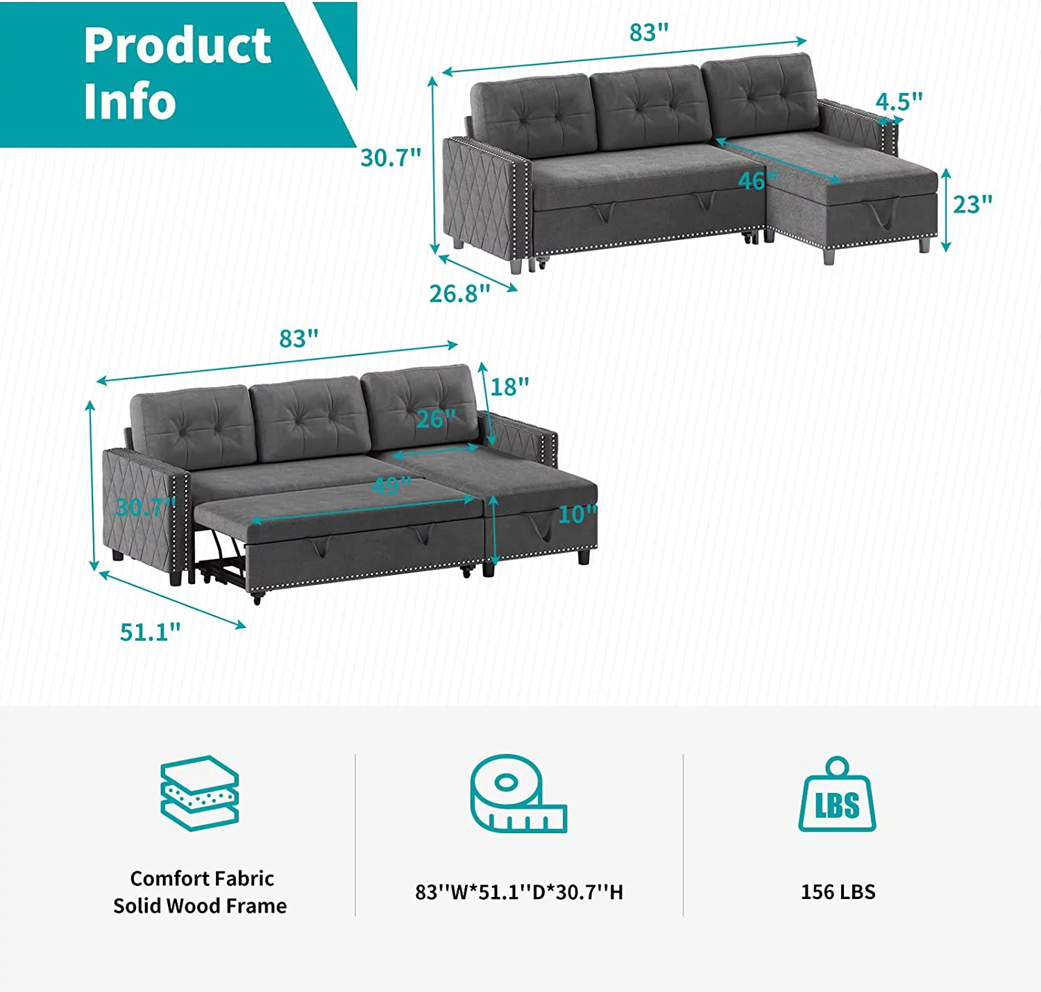 BALUS Reversible Sectional Sleeper Sofa with Storage Chaise, Velvet Upholstered L-Shape Sleeper Sectional Sofa Couch