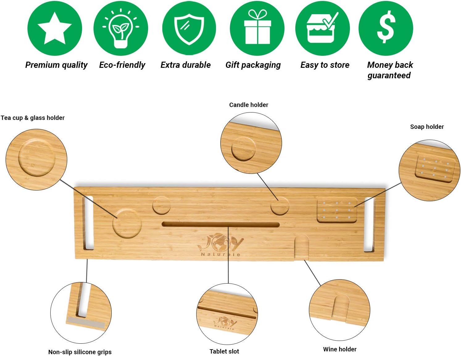 Premium Bathtub Tray, Bamboo Bath Caddy Tray for Tub, Your Ideal and Unique Bath tub Accessories for Adults