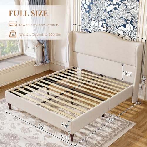 King Size Bed Frame Upholstered Platform Bed with 51" Tall Headboard Wingback, Linen Fabric, Retro Simple Style Platform Bed No Box Spring Needed