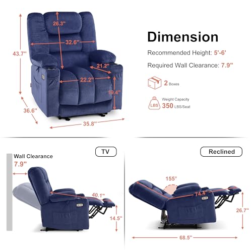 MCombo Zero Gravity Power Recliner Chair with Heat and Vibration Massage, Reclining Chair with USB & Type C Ports, Cup Holders for Living Room