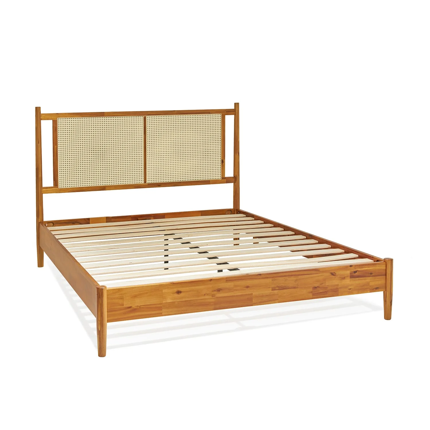 BME Asher 47" Queen Platform Bed Frame, Rattan Headboard, Mid Century and Boho, Solid Wood, Caramel
