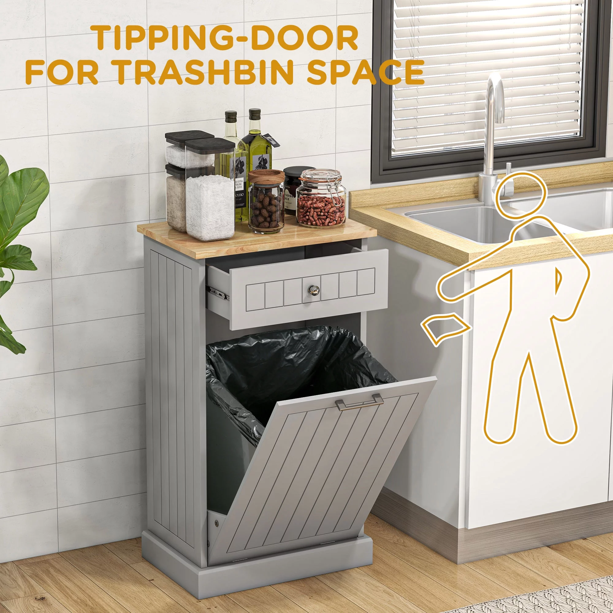 HOMCOM Kitchen Tilt Out Trash Bin Cabinet, Free Standing Recycling Cabinet