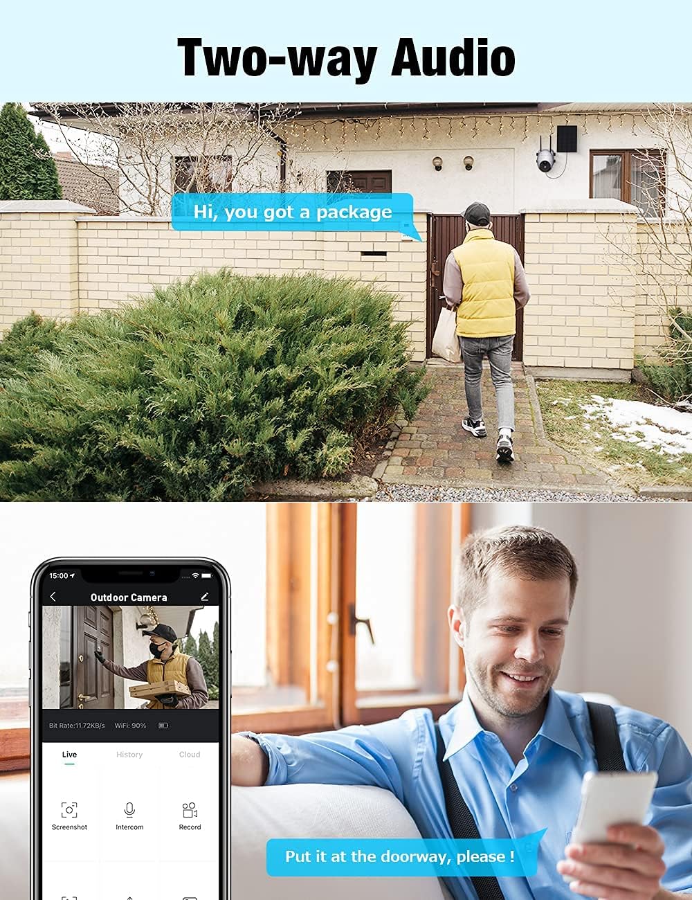 Wireless Security Camera Outdoor, Solar Powered WiFi Cam with 15000mAh Rechargeable Battery, PIR Motion Detection, 355° Rotation, IP65 Waterproof
