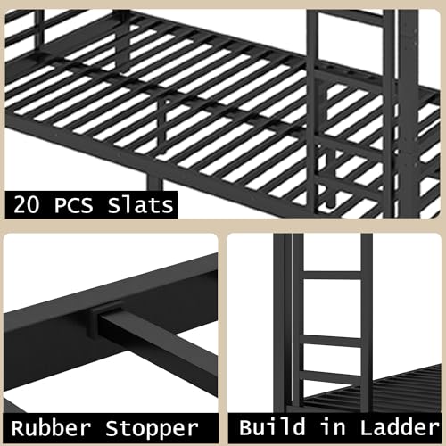 Heavy Duty Bunk Bed Frame with Ladder, Twin XL Over Twin XL Bunk Beds with Safety Guardrails, Adults Bunk Beds with Noise-Reducing Rubber Stoppers