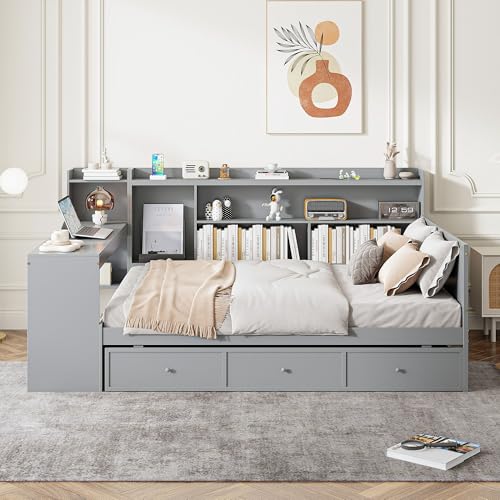 Bellemave Twin Corner Bed Frame with Storage Shelves and Desk, Wood Twin Size Daybed with Bookcase and Drawers and Storage, Gray