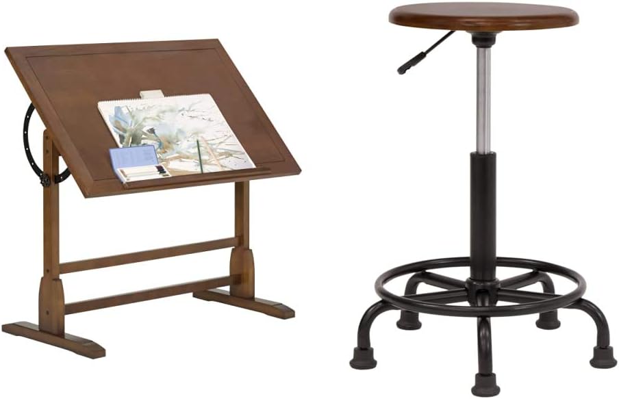 Studio Designs Vintage Drafting Table + Retro Stool Bundle | Solid Wood Craft Tables