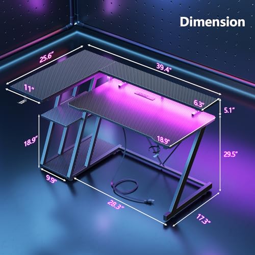55 Inch Gaming Desk with Power Outlet & LED Lights, L Shaped Gamer Computer Table with Storage Shelves for Bedroom, Corner Home Office Desk